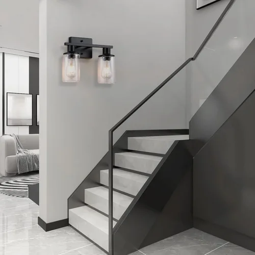 Vista 7 de Paquete de 2 Accesorios de Iluminación de Baño Negro Mate Sobre Espejo, Luz de Tocador de Baño de 2 Luces con Pantalla de Vidrio Transparente