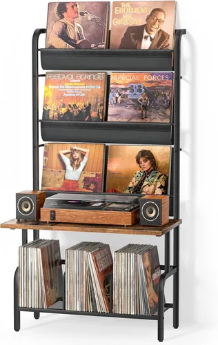 Vista 11 de Soporte para tocadiscos con almacenamiento de vinilos para hasta 200 álbumes, soporte para tocadiscos con estante de exhibición para discos