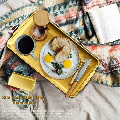 Vista 2 de 2 bandejas de acero inoxidable para servir, 15.7 x 9.4 pulgadas, bandeja rectangular dorada con asa, plato decorativo para mesa de café, plato