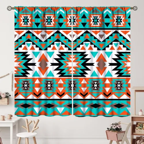 Vista 16 de Cortinas con patrón geométrico tribal, estilo suroeste, azteca, rústico, occidental, nativo americano, opacas, con bolsillo para barra, decoración