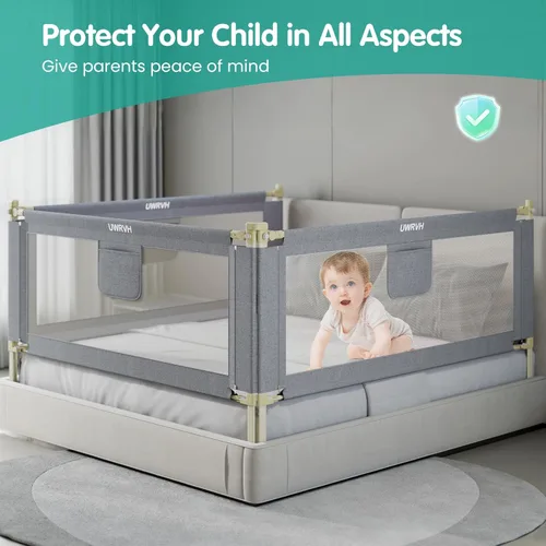 Vista 2 de Rieles de cama para niños pequeños, rieles de cama para bebé, protector de cama de altura ajustable con bloqueo de seguridad para niños, ajuste