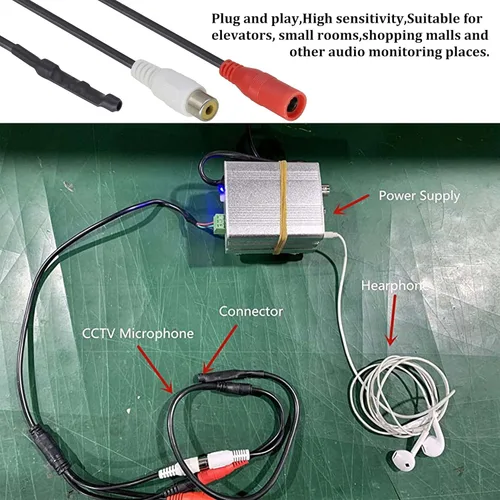 Vista 8 de Micrófono CCTV Dispositivo de recogida de cable de audio Micrófono para exteriores CCTV RCA Micrófono de vigilancia DVR Preamplificador de alta
