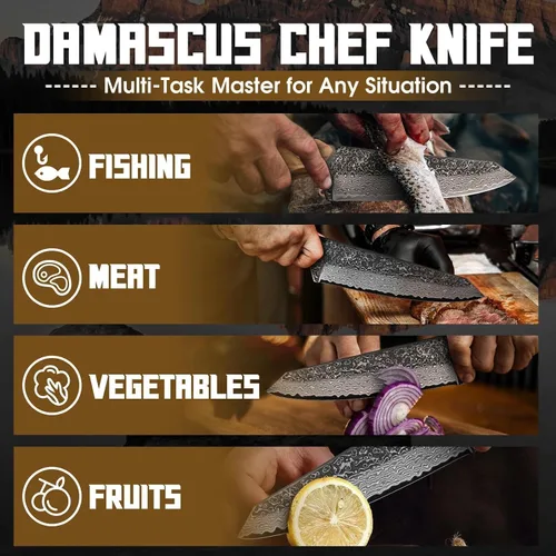 Vista 8 de TAN REN Cuchillo de chef de Damasco de 6 pulgadas con funda, cuchillo japonés Kiritsuke afilado, cuchillos de cocina de Damasco de espiga completa