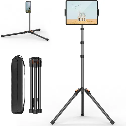 XXZU Trípode de pie de 72 pulgadas para tablet, soporte para tablet con cabeza de bola de 360°, soporte de piso ajustable en altura con funda,