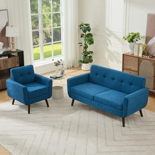 Vista 22 de Tbfit Sofá moderno de mediados de siglo, beige, sofá biplaza y silla decorativa linen fabric, button tufted, solid wood foot, pocket spring, wood