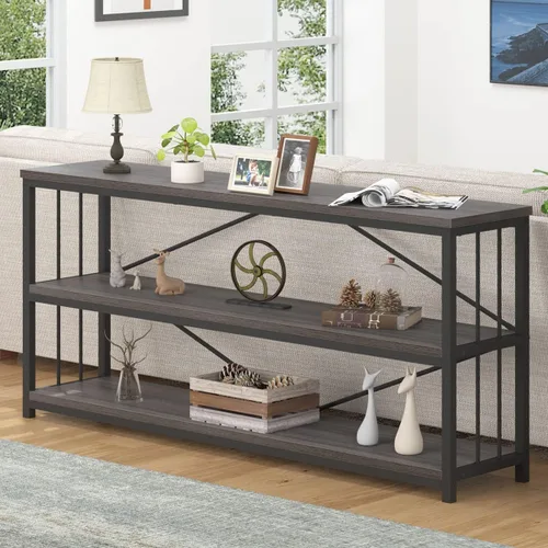 Vista 20 de LVB Mesa consola industrial, mesa de sofá de metal y madera, mesa de entrada rústica con almacenamiento, moderno estante de 3 niveles mesa larga