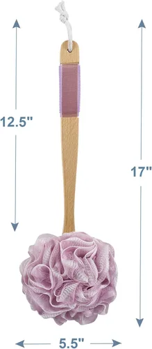 Vista 8 de AmazerBath Esponja de ducha de lufa para la espalda, esponja de malla suave de PE con mango largo de madera, esponja de baño para hombres y mujeres