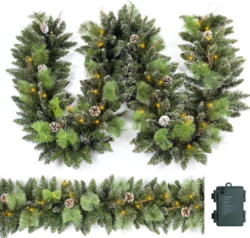 Vista 8 de Guirnalda de Navidad Preiluminada de 9 Pies con 50 Luces LED, Guirnalda de Navidad Estilo Nieve, Decoración Navideña a Batería para Repisa