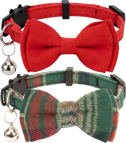 Collar para Gato Mascota Separable con Campana y Moño Desmontable Ajustable Seguridad para Gatito Cachorro Niña Niño 2 piezas Navidad-A
