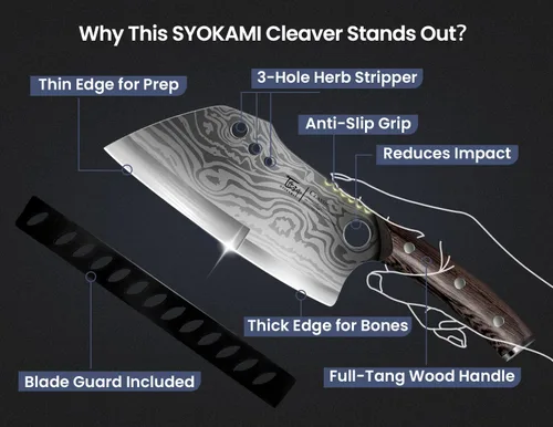 Vista 2 de SYOKAMI Cuchillo de chef con funda, cuchillo de carnicero de 7.7 pulgadas con pelador de hierbas, cuchillo de cortar huesos resistente, mango