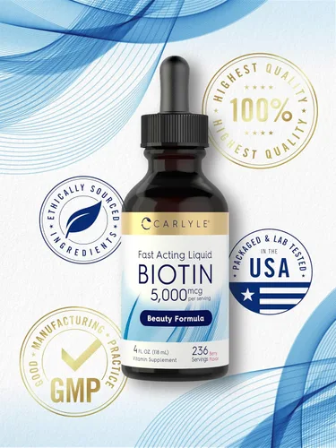 Vista 6 de Carlyle Biotin - Gotas líquidas de 5000mcg 4 onzas líquidas para mujeres y hombres Sabor a bayas Fórmula de belleza Suplemento
