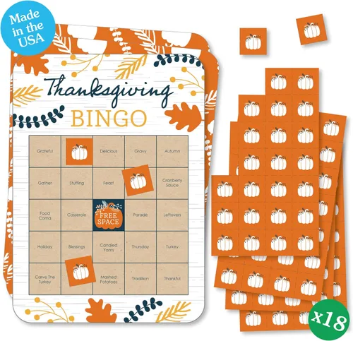 Big Dot of Happiness Tarjetas y Marcadores de Bingo de Acción de Gracias Feliz, Juegos de Acción de Gracias para Niños, Juegos de Acción de Gracias