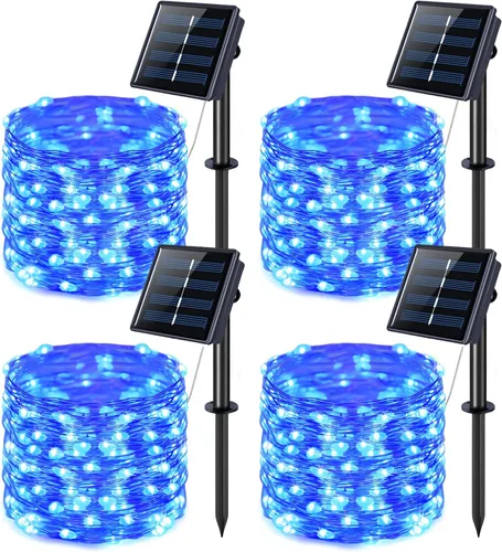 Vista 25 de JMEXSUSS Paquete de 4 tiras de 100 luces LED solares para exteriores, 33 pies, luces solares blancas para exteriores, impermeables, 8 modos, luces