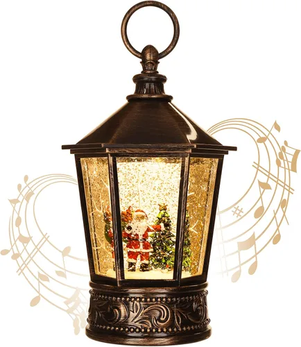 Vista 14 de Globo de nieve de aldea de Navidad, escena de Papá Noel volador iluminado, linterna musical de agua de nieve, linterna de Navidad con remolino