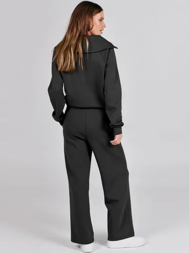Vista 4 de ANRABESS Conjunto deportivo de 2 piezas para mujer, para otoño, de gran tamaño, con media cremallera, sudadera de pierna ancha, conjunto de ropa