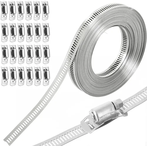 Vista 10 de Abrazaderas de manguera de acero inoxidable 304 Kit de bricolaje, correa de metal cortada a medida de 8 pies + 6 sujetadores, abrazaderas