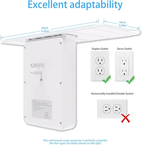 Vista 7 de Paquete de 2 estantes de toma de corriente, extensor de toma de corriente de pared, protector de sobretensiones con luz nocturna, 6 salidas con 3