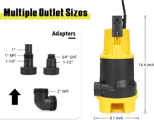 Vista 5 de Bomba de sumidero sumergible 6500 GPH potente bomba de agua para drenaje de piscina, bomba de utilidad de 1.5 HP con interruptor de flotador