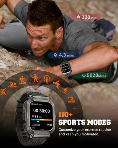 Vista 3 de Reloj inteligente para hombre, rastreador de ejercicio: relojes digitales militares para hombre, Bluetooth, responder llamadas, correr, impermeable