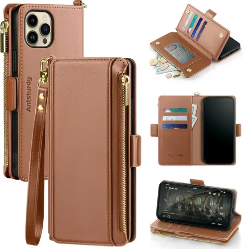 Vista 10 de Antsturdy Funda tipo cartera compatible con iPhone 12 Pro Max para mujeres y hombres, funda de piel sintética con bloqueo RFID, funda cruzada