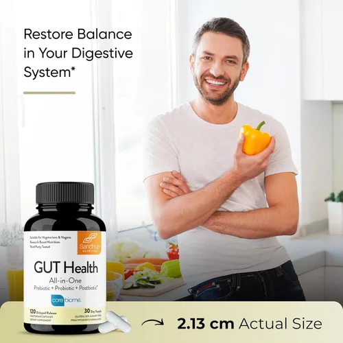 Vista 7 de Sandhu's Salud intestinal - Prebióticos, probióticos, postbióticos y L-glutamina Salud digestiva, colon, suplementos probióticos totales 120