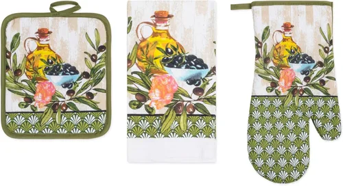 Vista 15 de Juego de 3 piezas de ropa de cocina con estampado de Apple Orchard, 1 toalla de algodón, 1 agarradera, 1 guante de horno con lazo para colgar