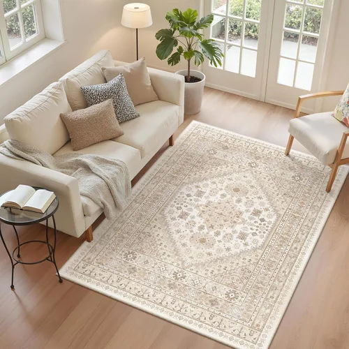 Vista 156 de zesthome Alfombras de área de 5 x 7, lavables a máquina, para sala de estar, dormitorio, resistentes a las manchas, vintage, de gran área, Beige