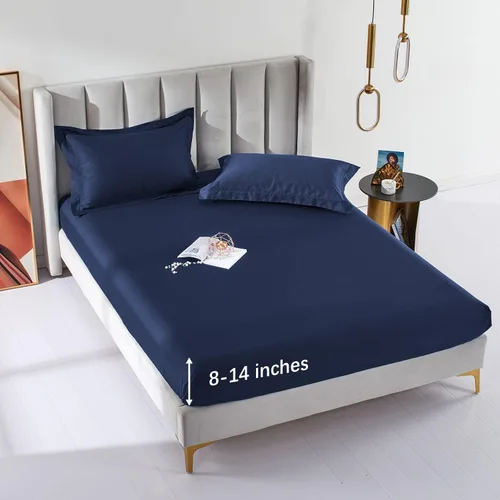 Vista 7 de MILDLY Sábana bajera ajustable de bolsillo profundo solamente, tamaño Queen 60"x80", 100% algodón de fibra larga, azul marino, sábana inferior