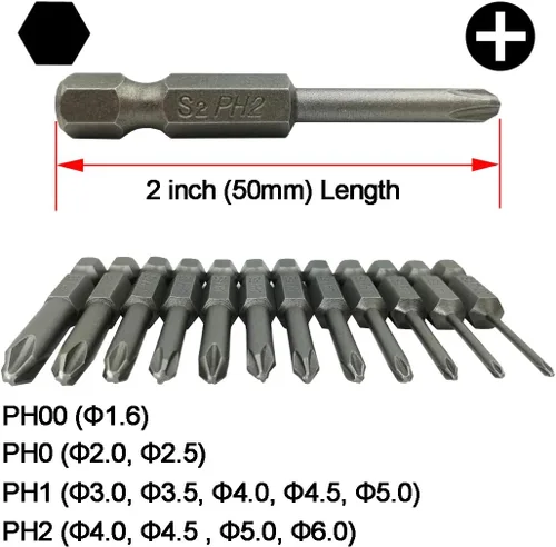 Vista 2 de Phillips Cross Screwdriver Bits, 12Pcs 1/4 Hex Shank Magnetic Cross Phillips Screw Head Screwdriver Bits Electric Screwdriver Set Power Tools 2