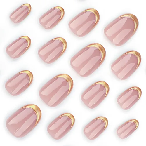 Vista 2 de Uñas postizas ovaladas cortas a presión, uñas doradas, uñas adhesivas brillantes, uñas acrílicas nude, con diseños de punta francesa 3D, uñas