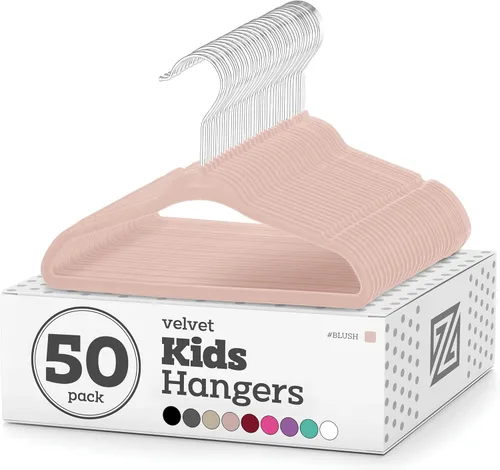 ZOBER Perchas de terciopelo premium para niños (14.0pulgadas 50 unidades), antideslizantes, ultra delgadas para ahorrar espacio, para niños, gancho