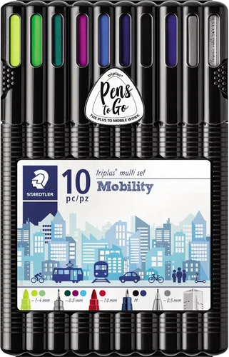 STAEDTLER 34 SB10MS Triplus - Juego de movilidad, caja de escritorio de 10 piezas para trabajo en movimiento, amarillo, azul, verde, violeta, rojo,