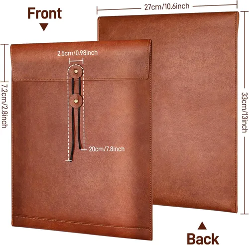 Vista 2 de Carpeta de archivos de piel sintética marrón para documentos, carpeta de documentos importantes con lazo de cuerda, funda para portátil estuche