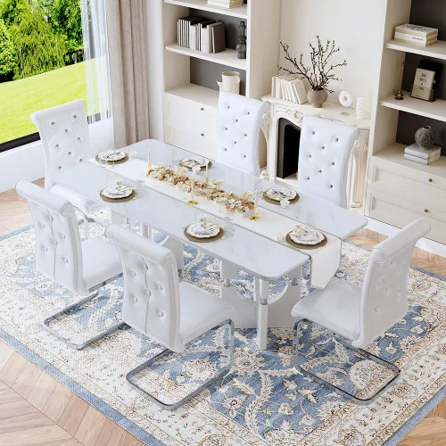 Vista 25 de Mesa de comedor moderna para mesa de comedor de mármol sintético blanco de 6, 8, 71 pulgadas, con patas negras y doradas, mesa de cocina rectangular