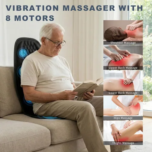 Vista 3 de Masajeador de espalda con calor, almohadilla de asiento de masaje con soporte lumbar 3D, almohadilla de masajeador de silla con 8 motores