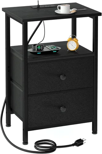LOAKEKEL Mesita de noche, mesita de noche con estación de carga, mesa auxiliar con almacenamiento 2 cajones de tela para dormitorio, mesa auxiliar