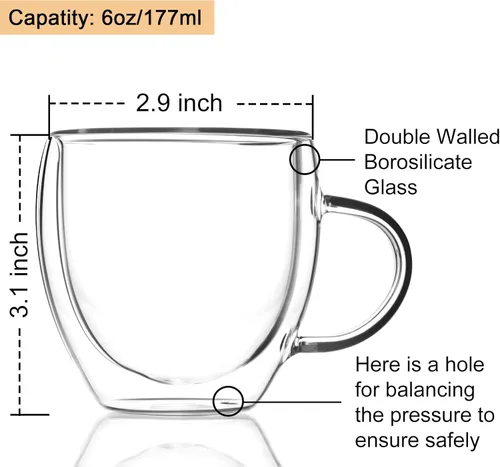 Vista 2 de ZONEYILA Juego de tazas de café de vidrio de doble pared de 4 a 6 onzas aisladas, vasos de vidrio transparente con asa para bebidas de doble