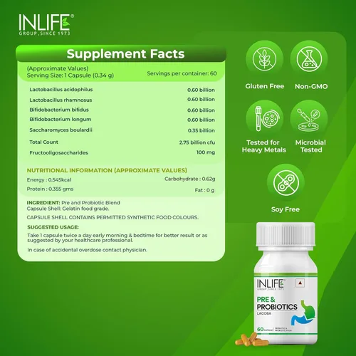 Vista 6 de INLIFE Suplemento prebiótico y probiótico para la salud intestinal Bacterias Lactobacillus Probióticos para mujeres y hombres - 60 cápsulas