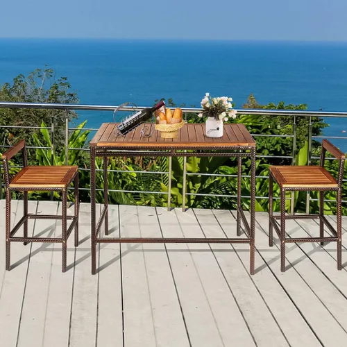 Vista 6 de RELAX4LIFE Juego de mesa de bar de 3 piezas, mesa de comedor de mimbre de ratán PE con parte superior de madera de acacia y 2 taburetes de bar