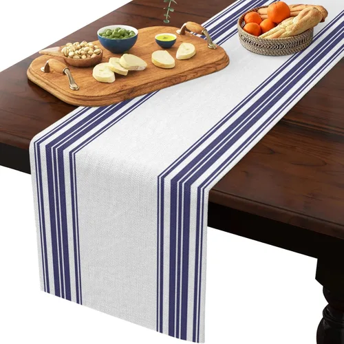 Vista 2 de Nautical Navy Blue Vertical Striped Table Runner Dresser Scarves, 13x36In Non-Slip Rectangular Table Dress Scarf White Kitchen Dinner Tables Decor