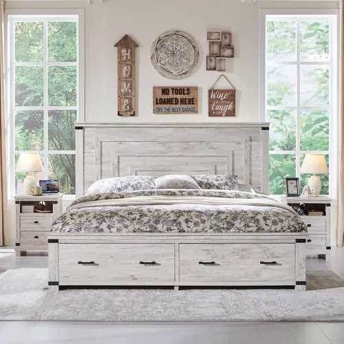 RedLemon - Base de cama estilo granja tamaño Queen de madera con cabecera geométrica de 137 cm de altura, 2 cajones de almacenamiento grandes,