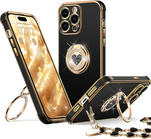 Vista 19 de XYZ Funda para iPhone 12 con Soporte, Funda para Teléfono con Soporte de Doble Anillo, Funda Protectora de Lujo Brillante para Mujeres y Niñas