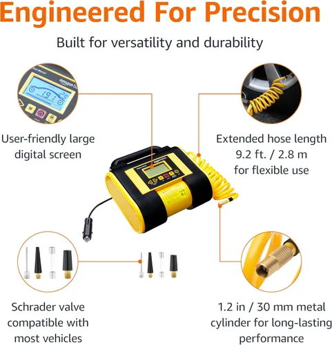 Vista 2 de Yaxa Basics Portable Car Tire Inflator with Digital Pressure Gauge, 150 PSI, 12V DC, Black