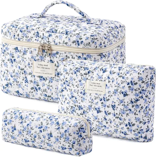 Vista 55 de HBselect Bolsa de maquillaje acolchada, 3 piezas de algodón grande, bolsa de maquillaje de viaje, bonita bolsa de maquillaje floral de coqueta