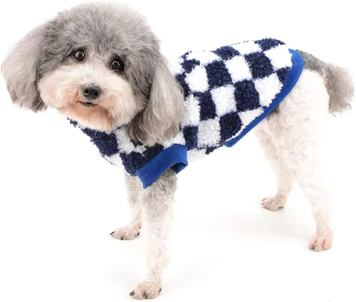 Vista 2 de Zunea Abrigo mullido para perros pequeños, hembras y niños, chaqueta de invierno de forro polar cálido, abrigo a cuadros, ropa mullida para Azul