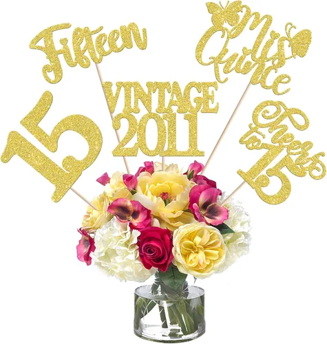 Vista 31 de 15 piezas de centro de mesa de feliz cumpleaños número 10 palos de diez dígitos dobles vintage 2015 centros de mesa de flores palos saludos a 10