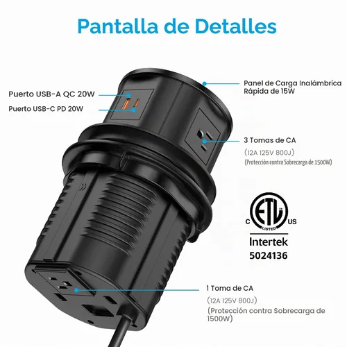 Vista 6 de VILONG - Toma desplegable para encimera, 20 W USB-C, 15 W inalámbrico, 4 AC, cable de 6 pies