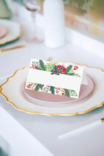 Vista 4 de Tarjetas editables con nombre – Paquete de 25 tarjetas de acompañante para fiesta de Navidad, boda o cena, fácil de plegar