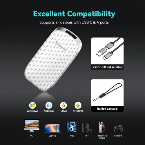 Vista 5 de PHIXERO P5 SSD portátil externo de 1 TB - Disco duro externo de 5 Gbps con USB C a C 2 en 1 y cable USB C a A para PC, Mac, PS5, Xbox, antigolpes