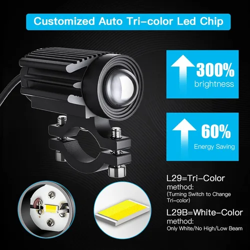 Vista 4 de Luces de conducción de motocicleta, 2 unids amarillo blanco bi color 6000LM 60W LED niebla luces de aleación de aluminio mini faros